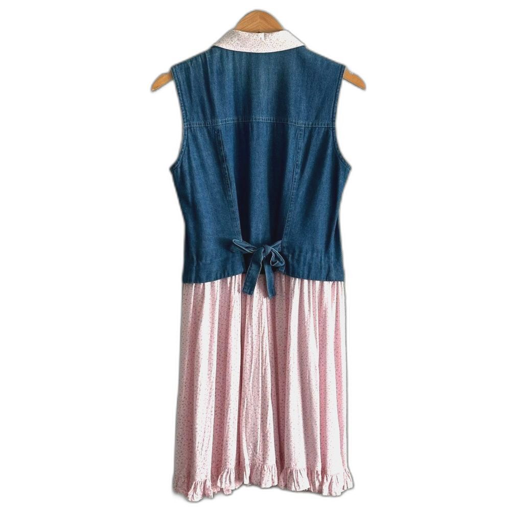 Vtg Lucia Lukken Broom Skirts Dress Blue Denim Vest Pink Floral Skirt Size Small - Picture 2 of 8
